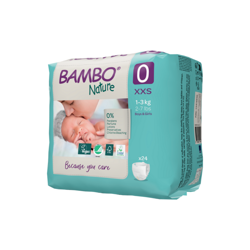 Tã Dán Trẻ Sinh Non Hữu Cơ Cao Cấp Bambo Nature Size 0, (1-3 kg / 2-7 lbs),24 miếng/gói