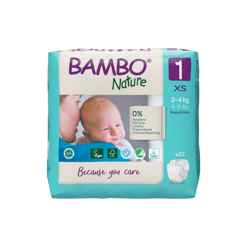 Tã Dán Trẻ Em Hữu Cơ Cao Cấp Bambo Nature Size 1, (2-4 kg / 4-9 lbs),22 miếng/gói
