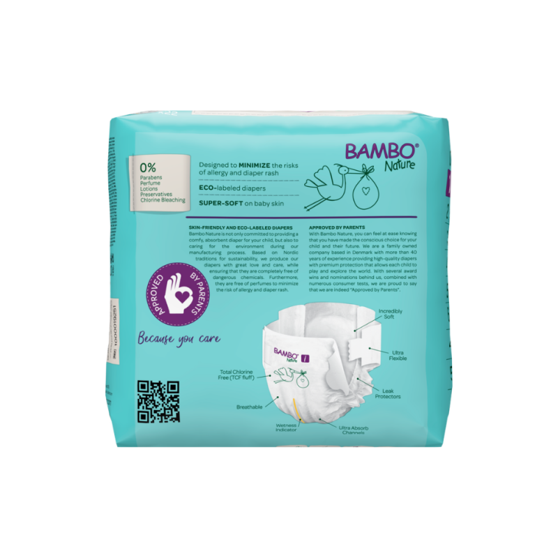 Tã Dán Trẻ Em Hữu Cơ Cao Cấp Bambo Nature Size 1, (2-4 kg / 4-9 lbs),22 miếng/gói
