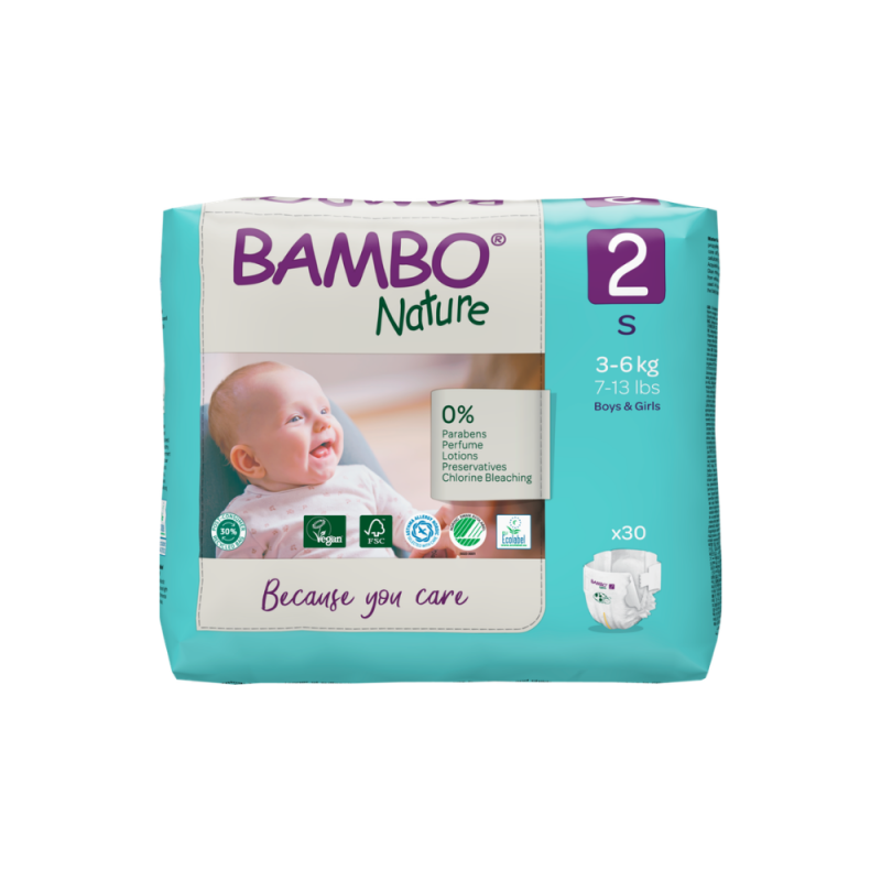 Tã Dán Trẻ Em Hữu Cơ Cao Cấp Bambo Nature Size 2, (3-6 kg / 7-13 lbs),30 miếng/gói