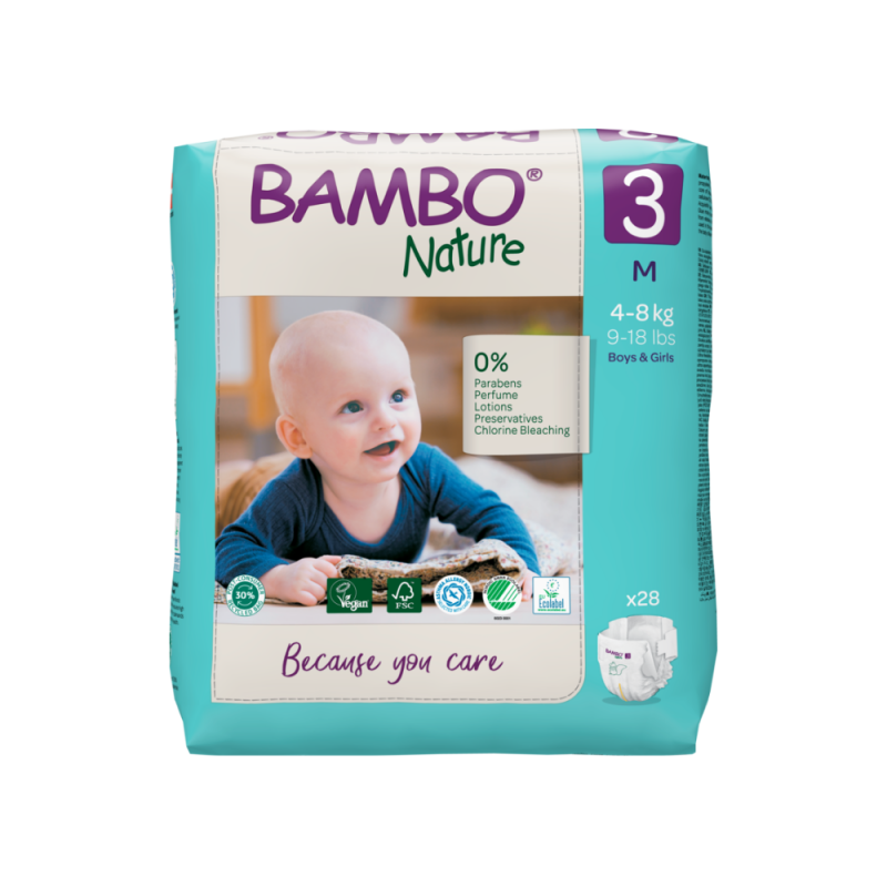 Tã Dán Trẻ Em Hữu Cơ Cao Cấp Bambo Nature Size 3, (4-8 kg / 9-18 lbs),28 miếng/gói